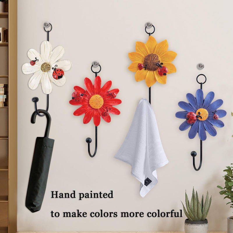 Notakia 8pcs Resin Daisy Flower Wall Hooks Decoration Hanging Coat Hooks Vintage Art Printing Iron Hook Key Hat Towel Wall Mounts Hooks Home Decor - Image 3